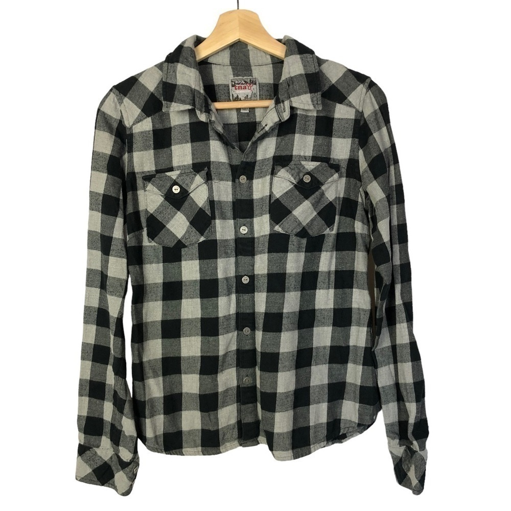 Aritzia TNA Gray & Black Checkered Plaid Flannel Long Sleeve Button Down M